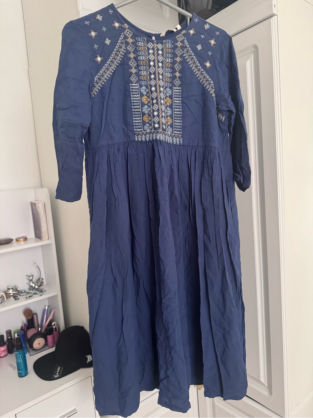 Max Mid Sleeves Embroidered  Blue Tiered Dress Women's Size M